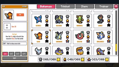 Batopedia screen in Batomon Showdown with Batomon, Trinket, Item and Trainer tabs and collection counters