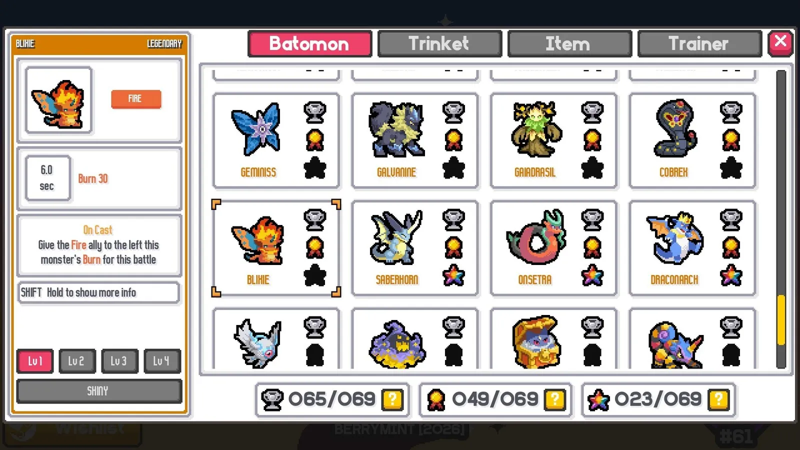 Batopedia screen in Batomon Showdown with Batomon, Trinket, Item and Trainer tabs and collection counters