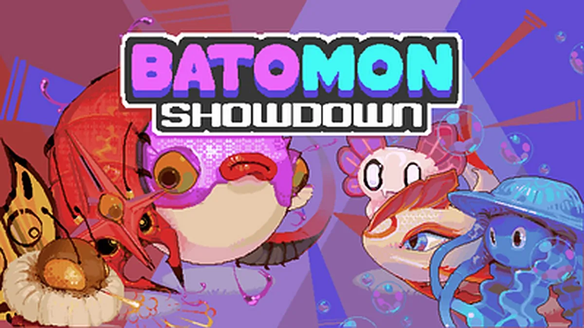 Batomon Showdown official key art with four pixel creatures below the game logo