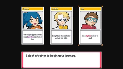 Batomon Showdown trainer selection screen with three candidates and the prompt to select a trainer