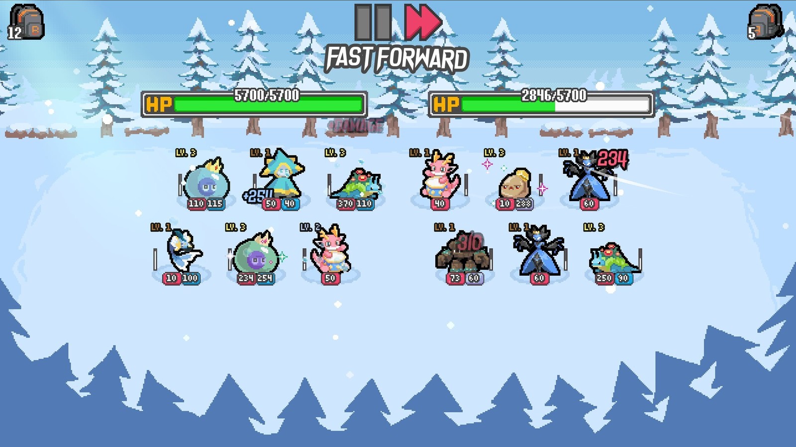 Batomon Showdown snow field battle with both sides near 750 team HP